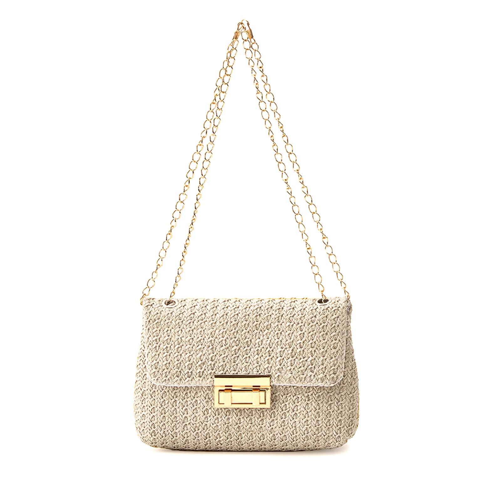 EONTISO Woven Straw Purse Summer Clutch, Gold Chain, Flap with Turn-Lock Closure (White)