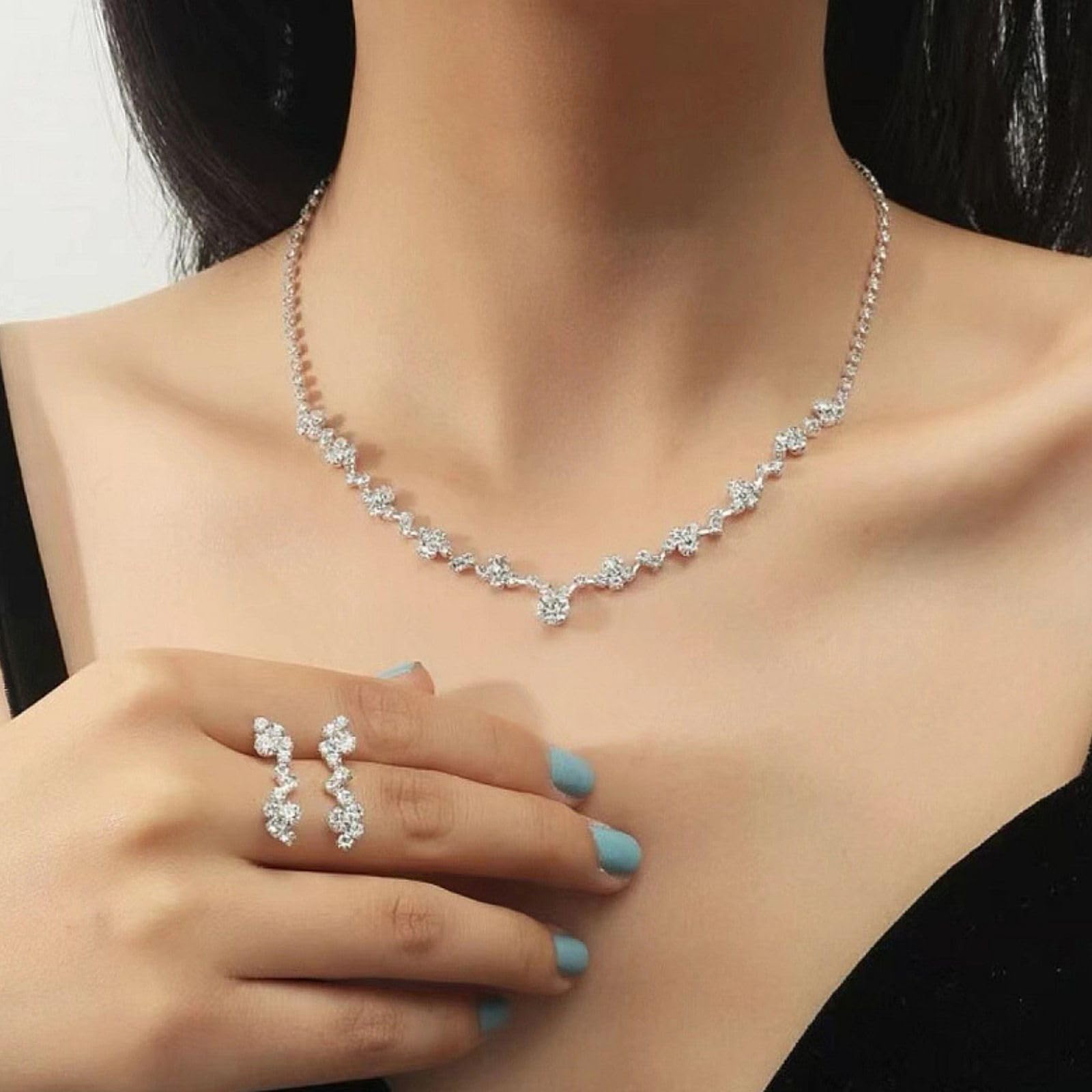 Tatibana Crystal Wedding Jewelry Set, Silver Necklace Earrings, Bracelet Crystal Bridal Wedding Jewelry Sets, For Brides Prom Costume Accessories or Party Accessories