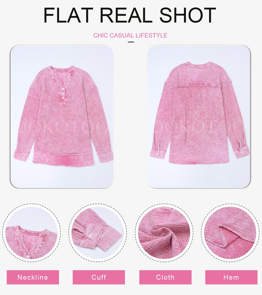 Dokotoo Womens Fashion 2026 Summer Clothes Button V Neck Long Sleeve Shirts Cotton Office Workout Pullover Blouses Tops Resort Wear for Women Tops Dressy Casual Large Pink