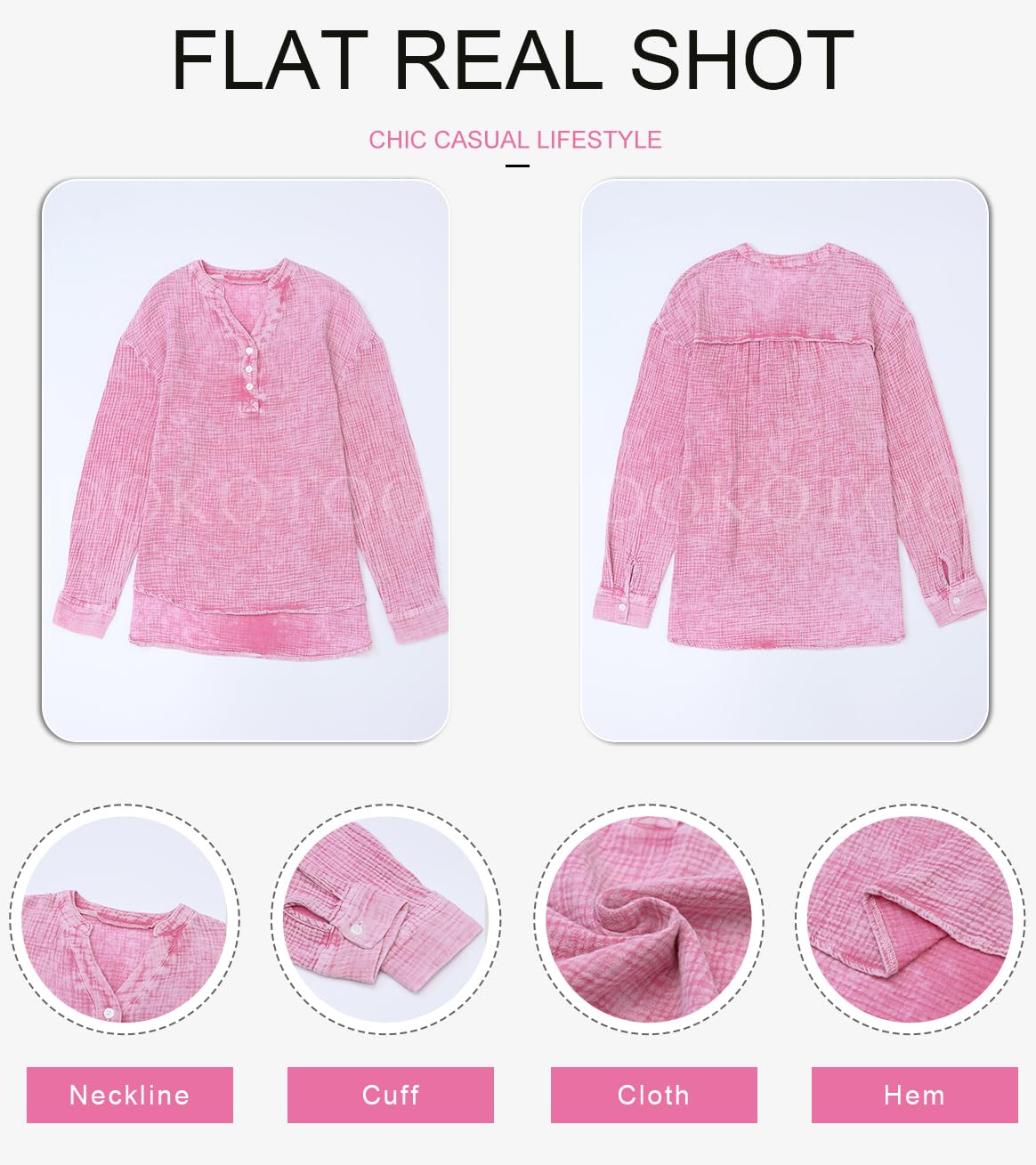 Dokotoo Womens Fashion 2026 Summer Clothes Button V Neck Long Sleeve Shirts Cotton Office Workout Pullover Blouses Tops Resort Wear for Women Tops Dressy Casual Large Pink