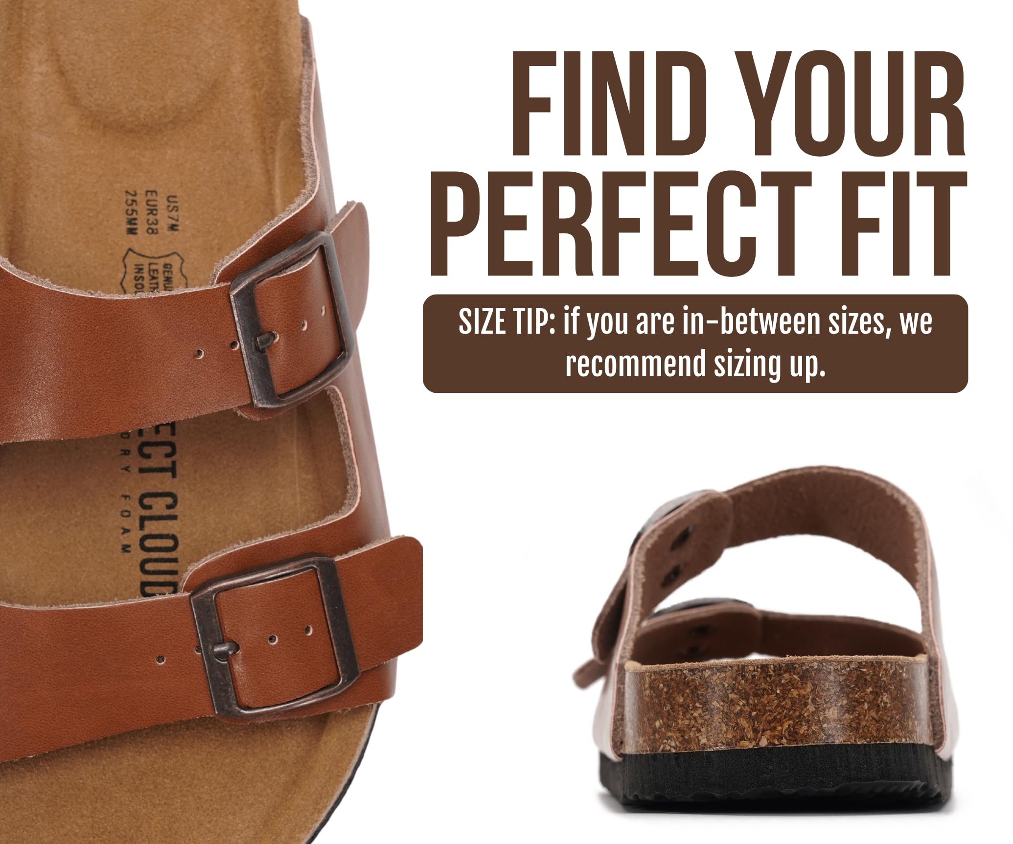 Project Cloud 100% Genuine Leather Flat Sandals For Women 2026 Cork Footbed Womens Sandals with Memory Foam and arch support Vacation Essentials Slides for Women Footwear (Venita, Cognac, 5.5)