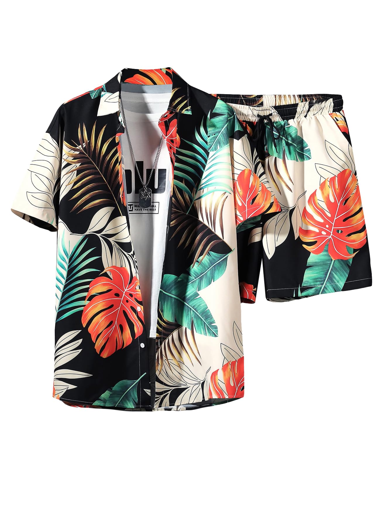 GORGLITTER Men's Vacation Beach Cruise Summer Outfits 2 Piece Shorts Set Hawaiian Button Down Shirt and Shorts Green Multi Large