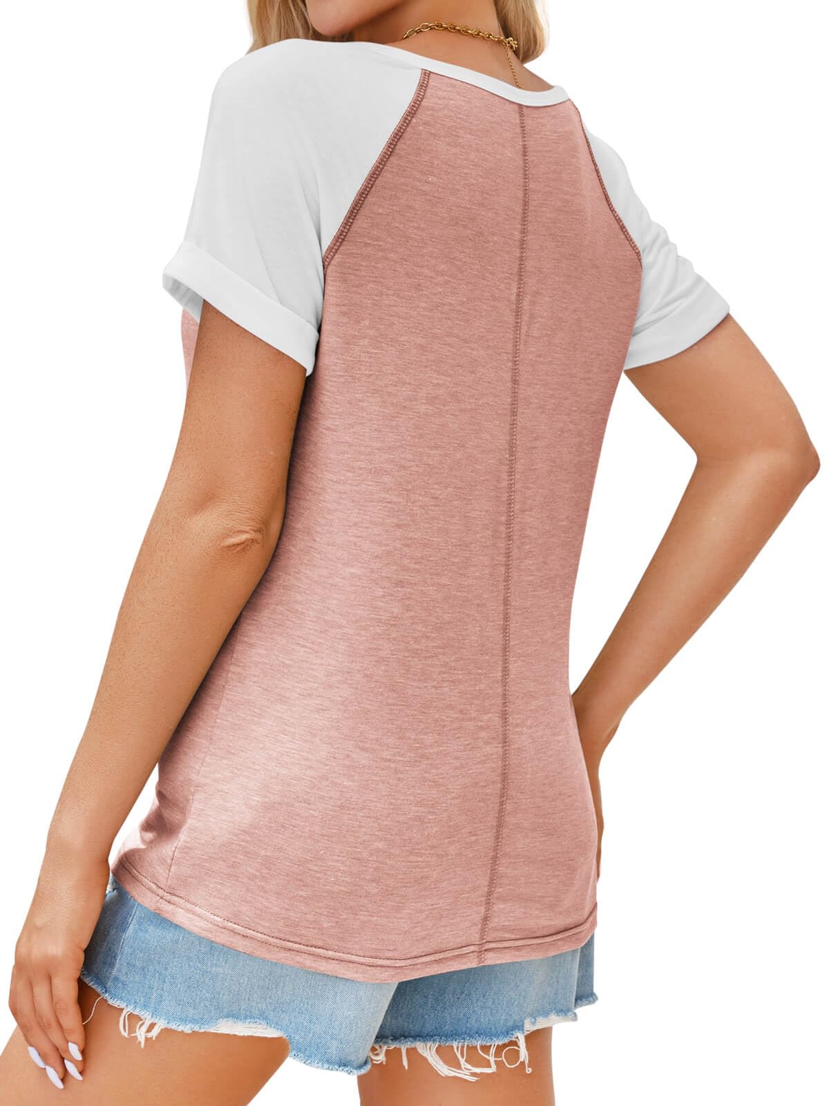 MaQiYa Womens Short Sleeve Summer Tops Trendy V Neck T Shirts Casual Color Block Raglan Shirts Cotton Baseball Tunic Tees Z-Pink