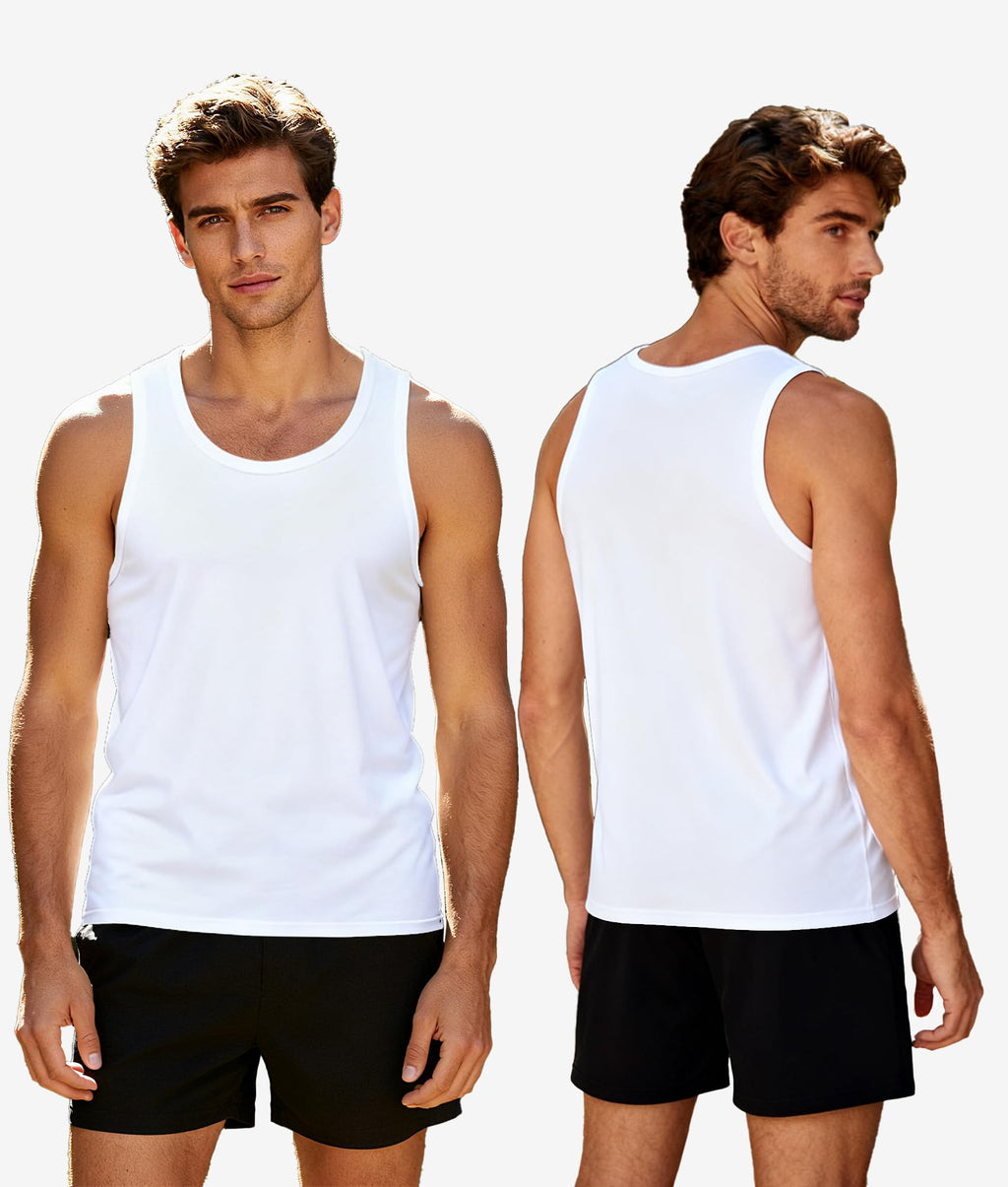 BAMBOO COOL Men's Tank Top White Undershirts Moisture Wicking Breathable, Fitted Ruglar Fit T Shirts for Men 3 Pack