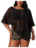 WDIRARA Women's Plus Size Mesh Sheer Poncho Tops Boat Neck See Through Asymmetrical Tee Shirts Black XX-Large Plus