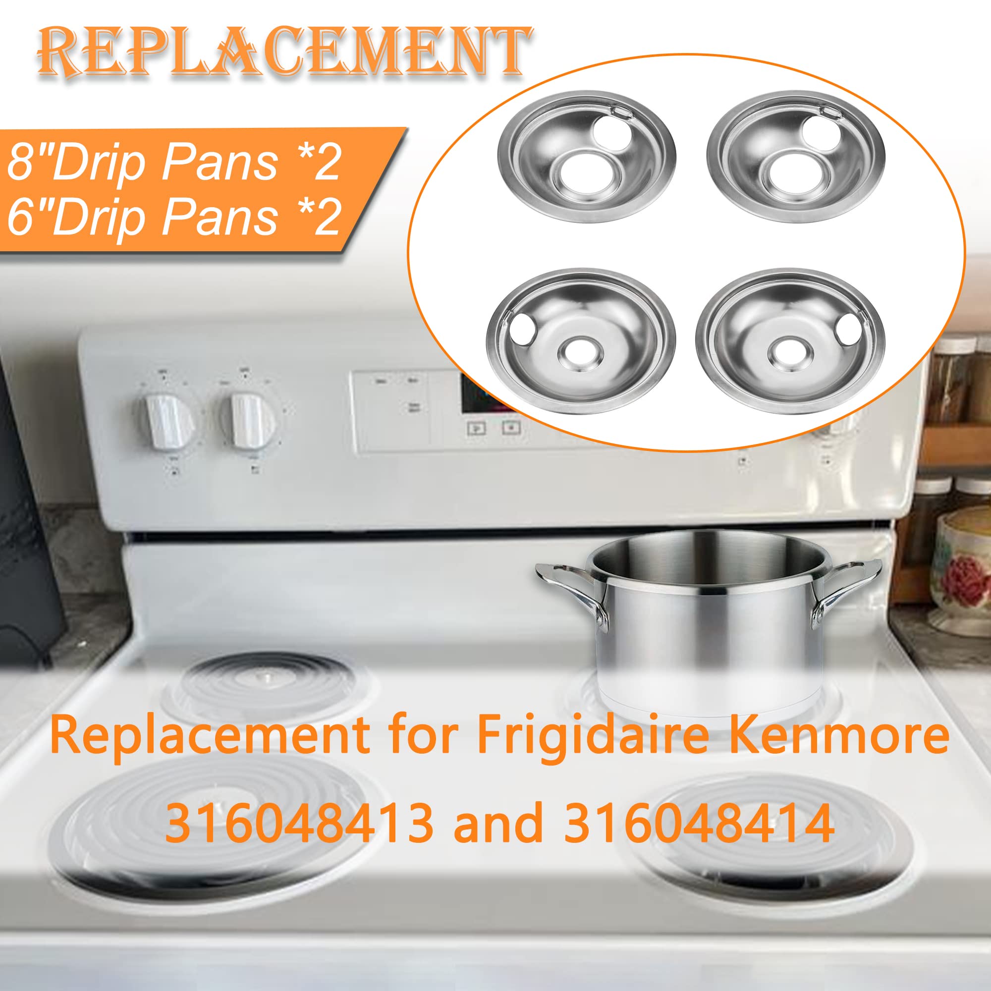 Mejiao Stove Burner Covers,Replacement Chrome Drip Pans for Frigidaire Kenmore 316048413 and 316048414,4 pcs (4x6")