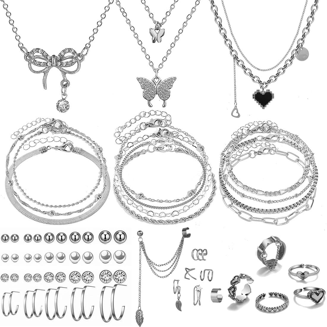 IFNODO 47pcs Silver Jewelry Set With 3 PCS Necklace, 11 PCS Bracelet,20pcs Hoop Stud Earrings,7pcs rings set For Women For Birthday Gifts