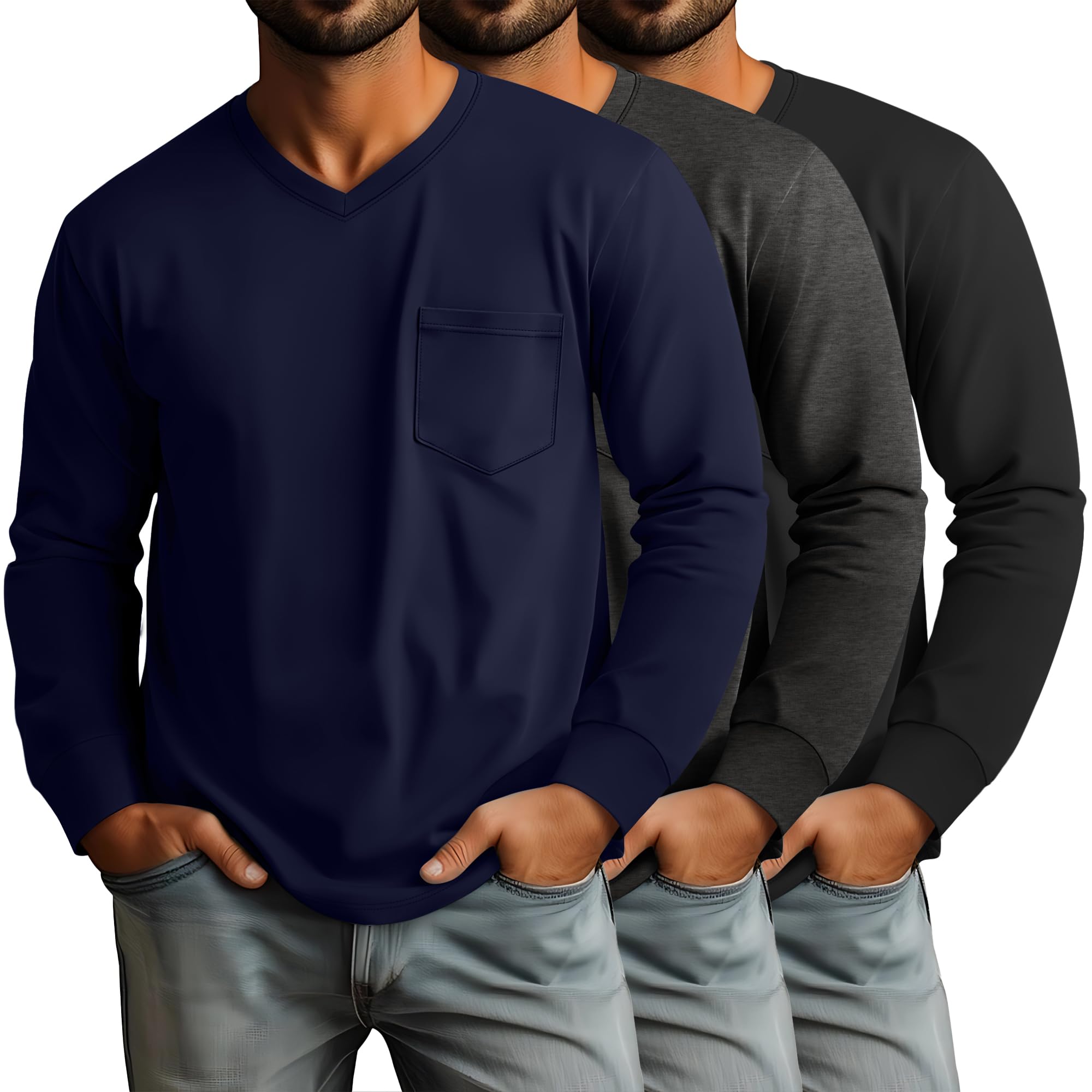 Ficerd 3 Pack Men's Big and Tall V Neck Shirts with Pocket Long Sleeve Plus Size Tops Basic Casual Loose Fall Tee(Black, Heather Gray, Navy Blue,X-Large)