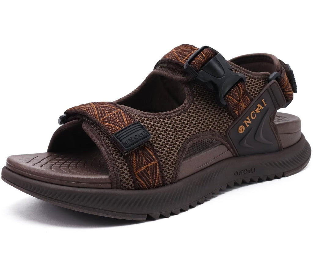 ONCAI Men's Hiking Sandals with Arch Support Mesh Athletic Walking Sandalias Summer Outdoor Cushion Thick Rubber Soles and Recovery Sports Fisherman Sandals Brown Size 10