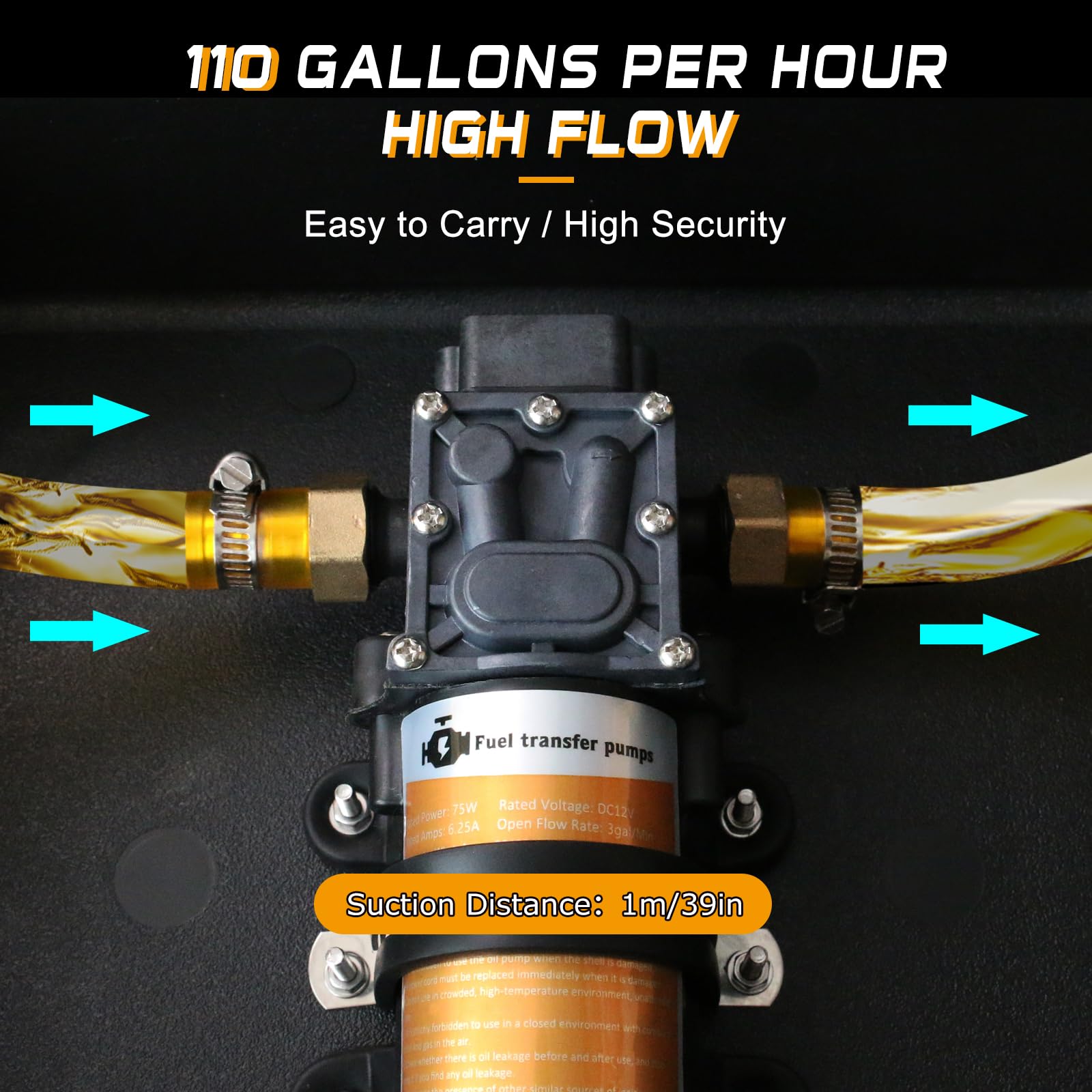 Steauty 12V 75W Fuel Transfer Pump Kit, Moves Up to 110 Gallons Of Gas or Diesel Per Hour, with High Elastic Fuel Pipe & 2 Power Cables, Great for Vehicles, Boats, Equipment, Gasoline, Diesel