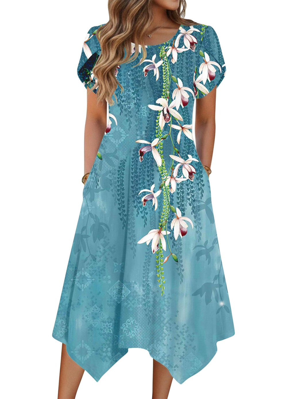 Zeagoo Wedding Guest Dresses for Women 2026 Summer Casual Dresses for Women 2026 Short Sleeve Dress for Women Floral Midi Dress with Pockets Hankerchief Sundress Blue XXL
