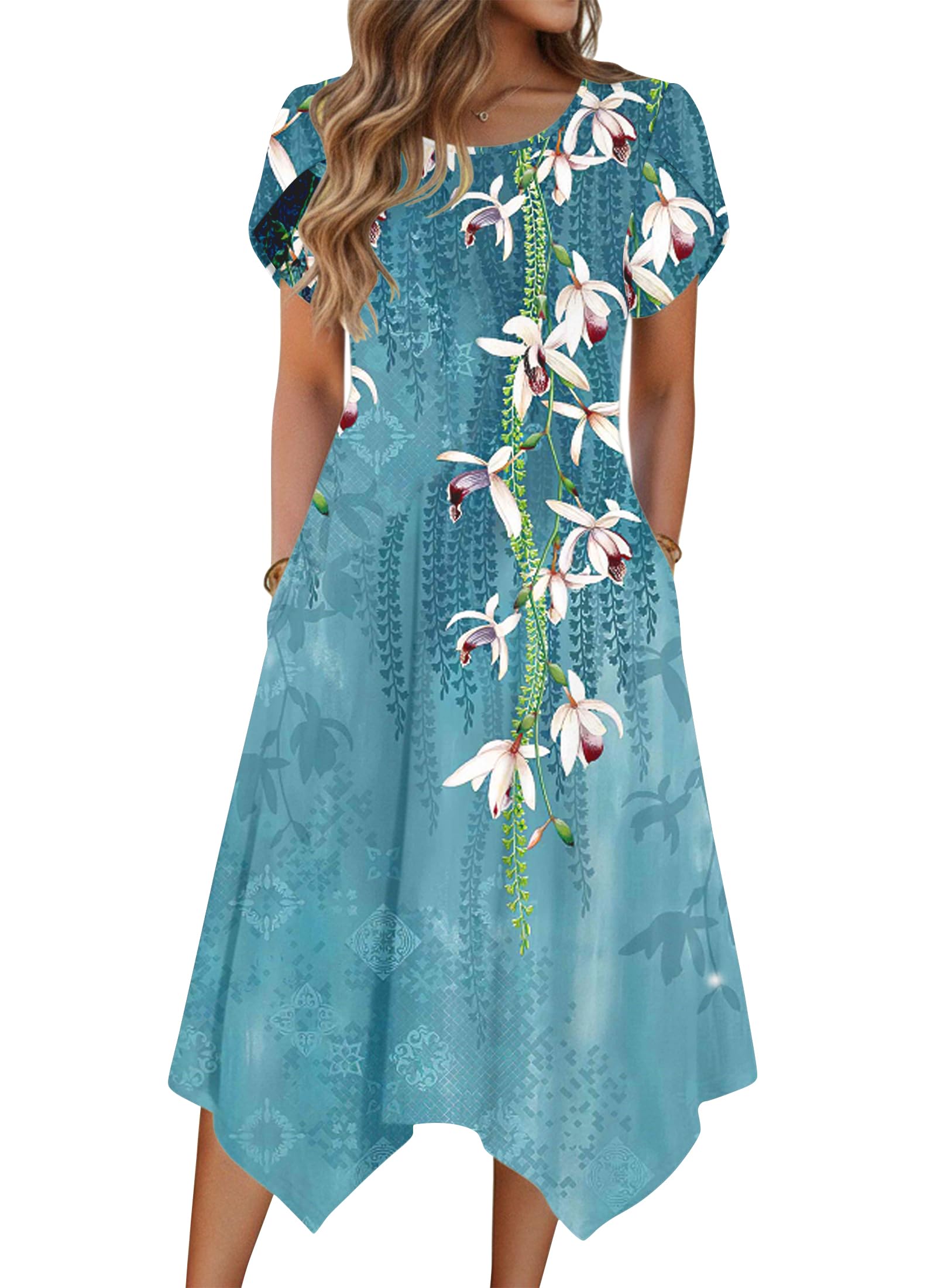 Zeagoo Wedding Guest Dresses for Women 2026 Summer Casual Dresses for Women 2026 Short Sleeve Dress for Women Floral Midi Dress with Pockets Hankerchief Sundress Blue XXL