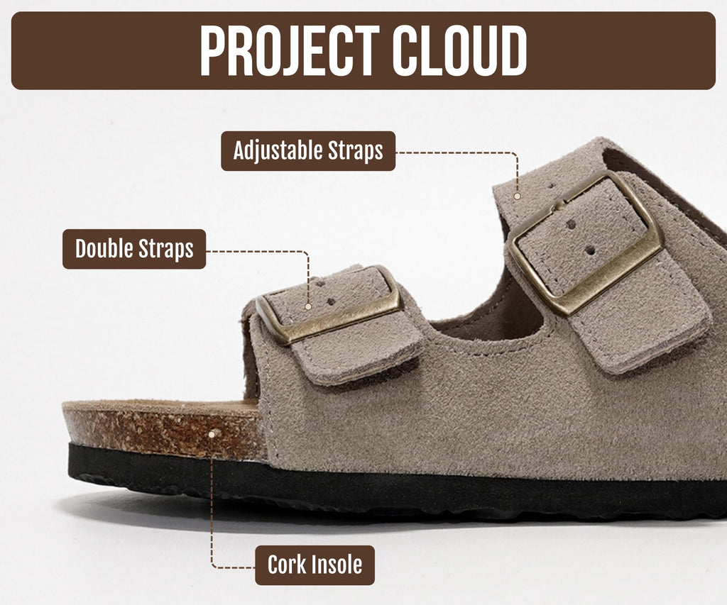 Project Cloud 100% Genuine Leather Flat Sandals For Women 2026 Cork Footbed Womens Sandals with Memory Foam and arch support Vacation Essentials Slides for Women Footwear (Venita, taupsu, 8)
