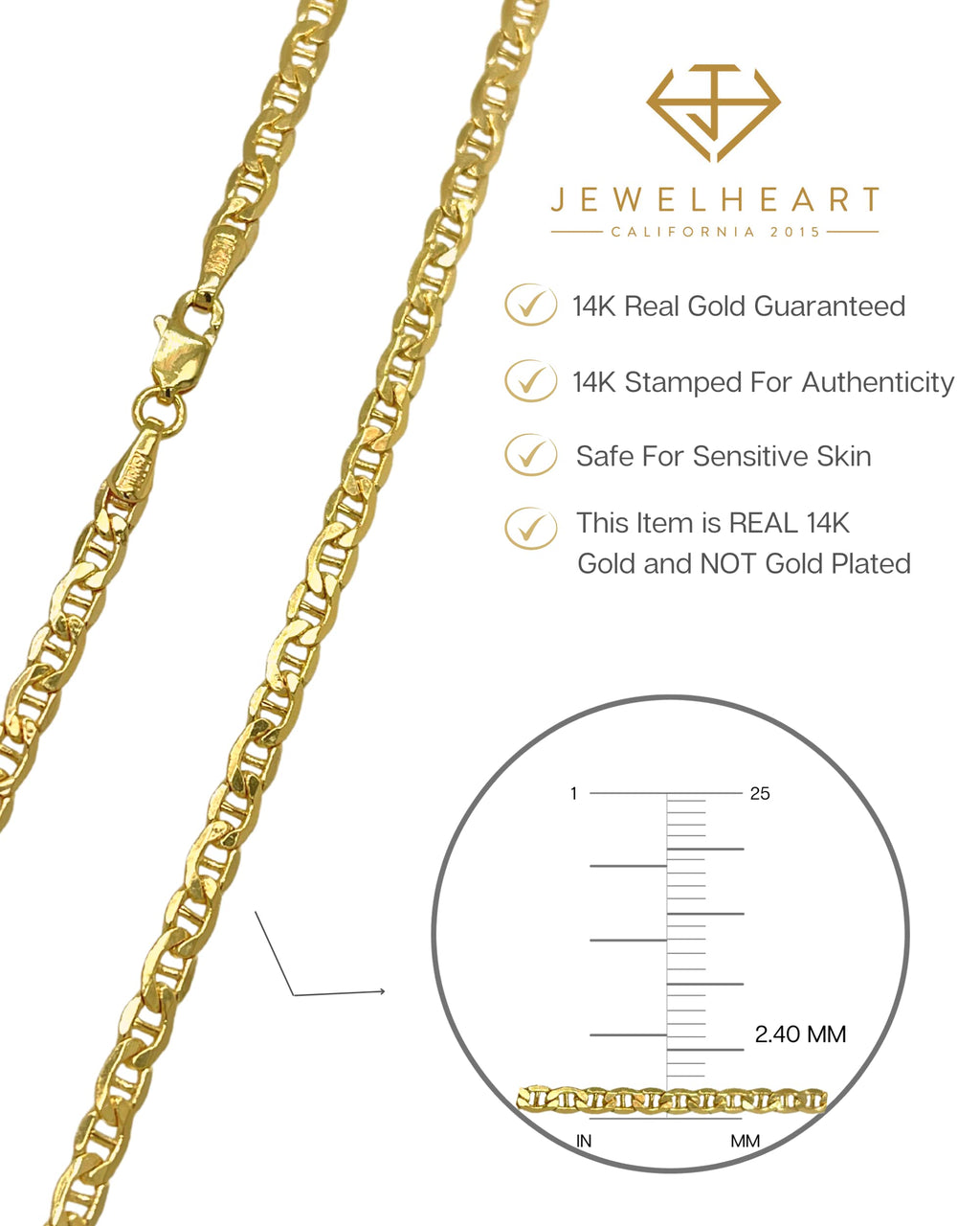 JEWELHEART 14K Real Gold Flat Mariner Chain - 2.4mm Diamond Cut Anchor Link Chain Necklace For Men - Dainty Yellow Gold Pendant Necklace For Women with Lobster Clasp 18"