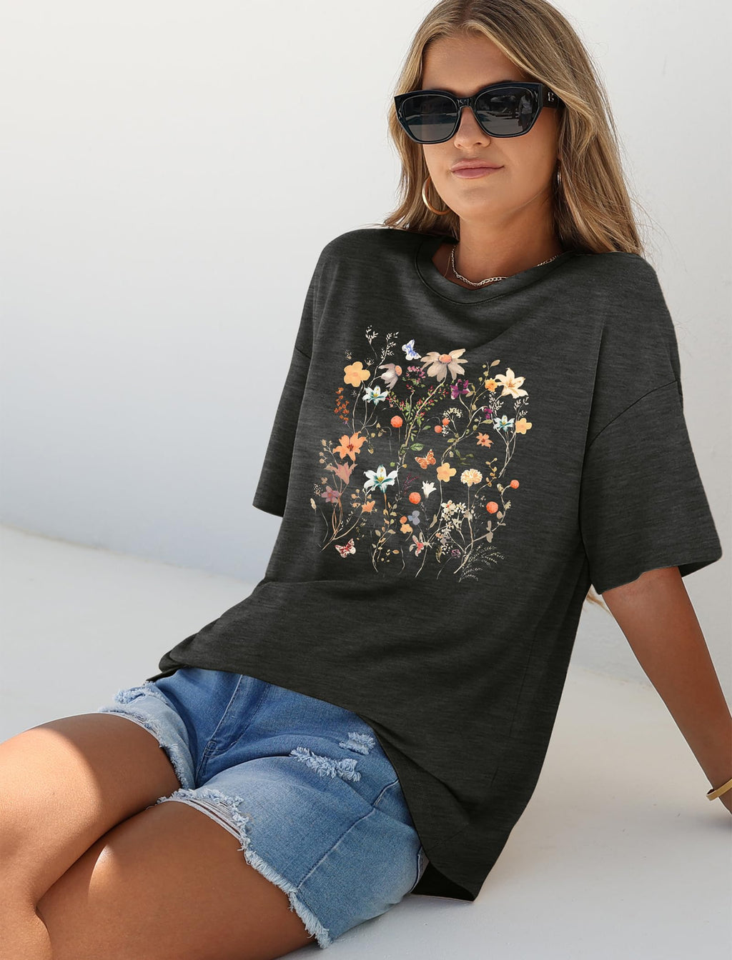 WIHOLL Oversized Tshirts for Women Graphic Tees Resort Wear Capsule Wardrobe 2026 Summer Spring Workout Short Sleeve Tops Travel Vacation Nashville Cruise Outfits Comfy Flower Print Shirts L