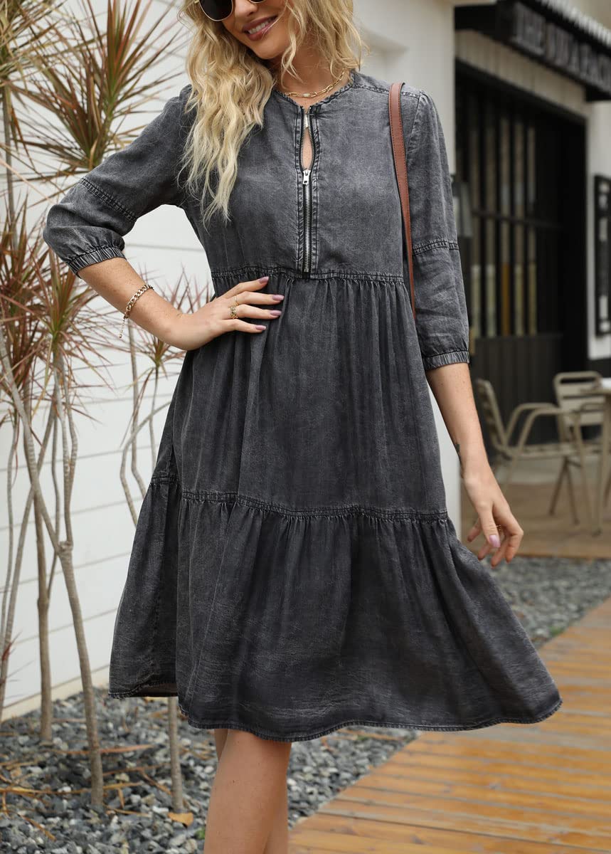 chouyatou Women's Vintage Washed Loose Fit 3/4 Sleeve Tiered Babydoll Mini Denim Jean Dress (Large, Black)