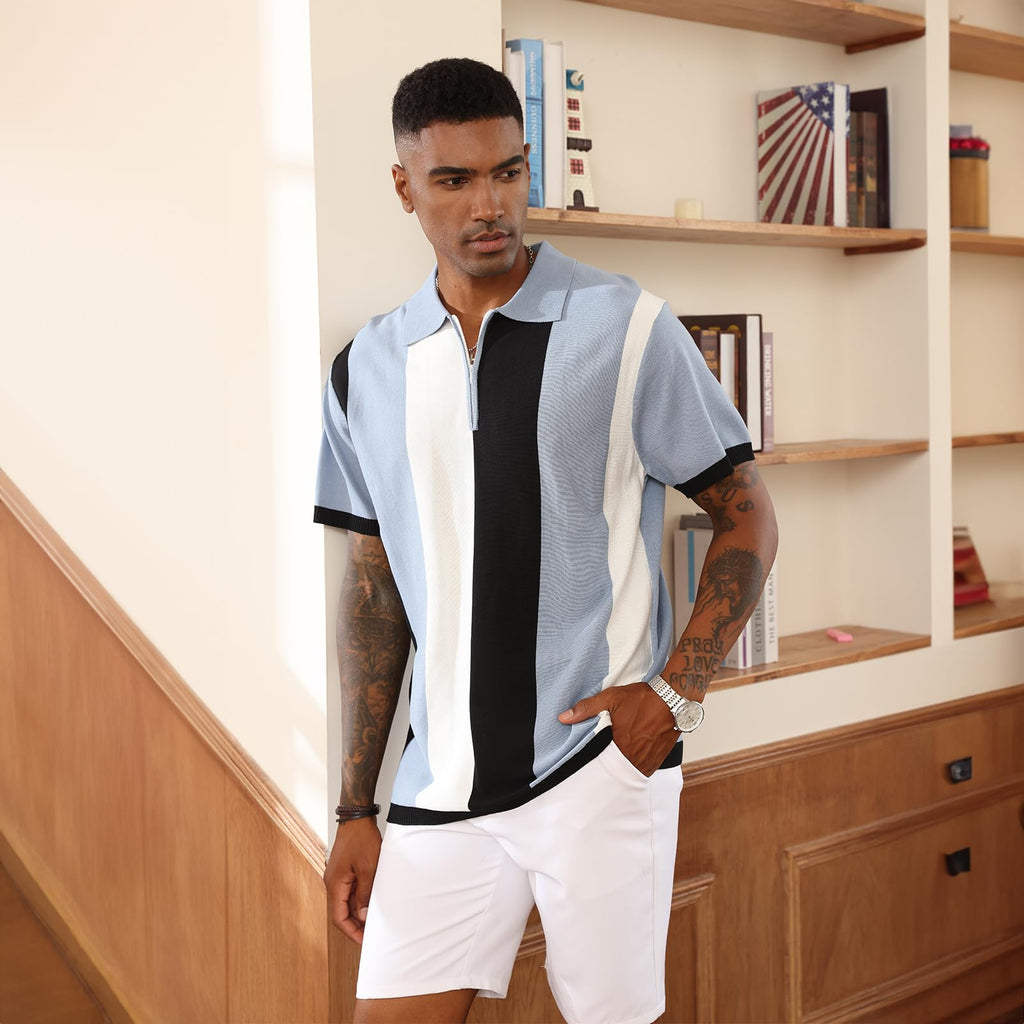 Men's Fashion Polo Shirts Vintage Striped Knitting Shirts Casual Slim Fit Golf Shirts Blue