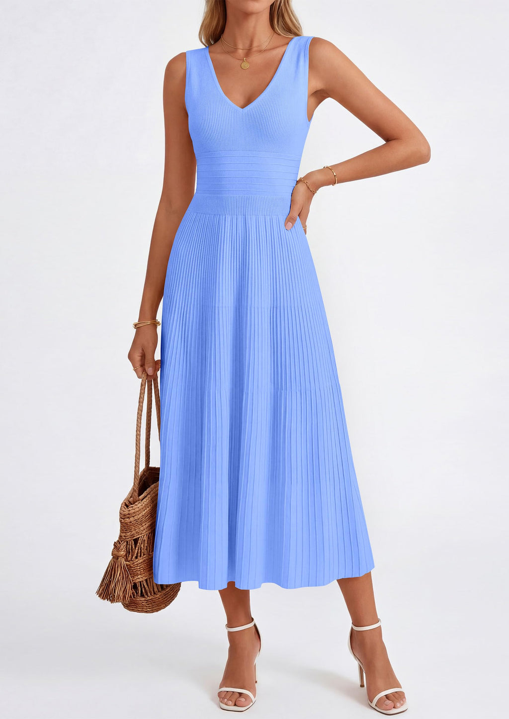 PRETTYGARDEN Summer Dresses for Women 2026 Spring Casual Sleeveless V Neck Pleated Midi Work Cocktail Wedding Guest Dress(Light Blue,Large)