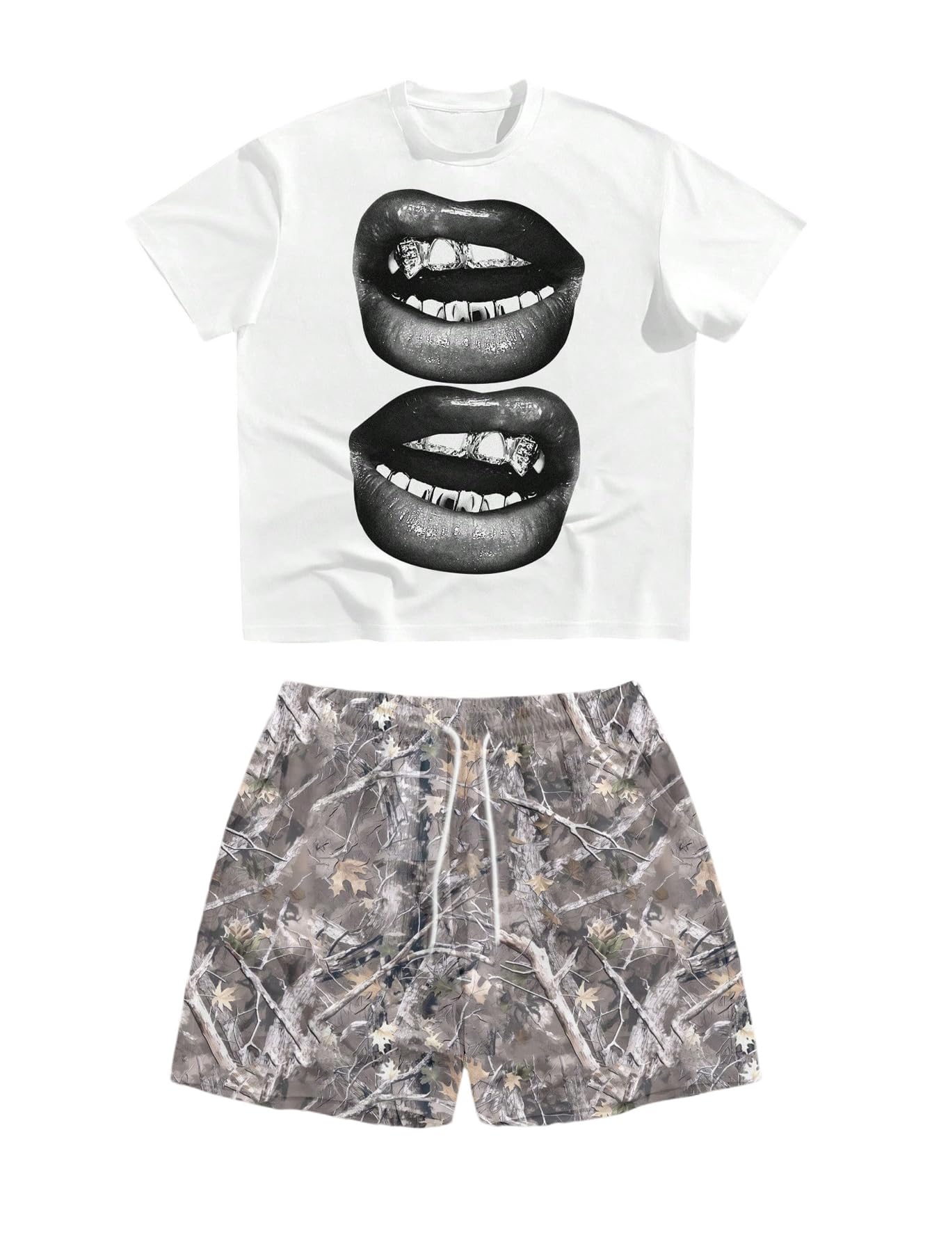 WDIRARA Men's 2 Piece Outfit Short Sleeve Lip Graphic Tees Camo Shorts Set Streetwear Outfits Multicolor Medium