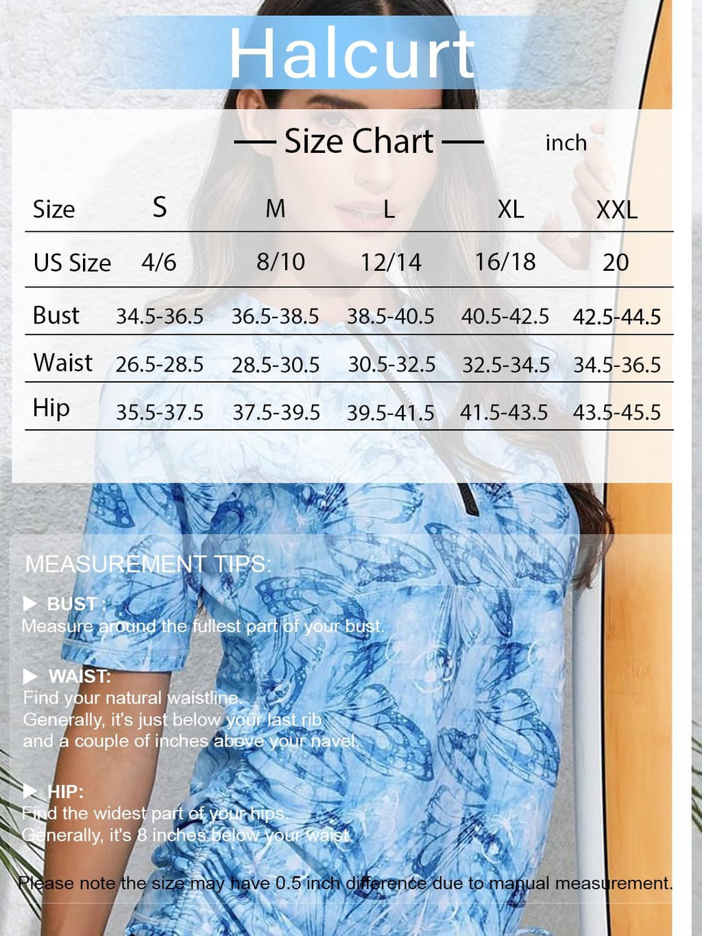 Halcurt Women's Half Zip Short Sleeve Rash Guard Swim Shirt with Tie Drawstring UPF50+ Swimsuit Top Blue Butterfly XL