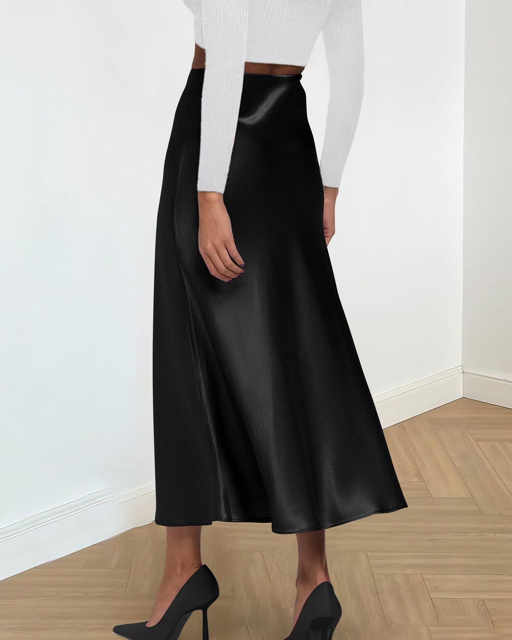 BTFBM 2026 Womens Spring Summer Long Satin Skirt Silk Elegant High Waist Cocktail Party Wedding Flowy A-Line Midi Skirts(Black, Small)