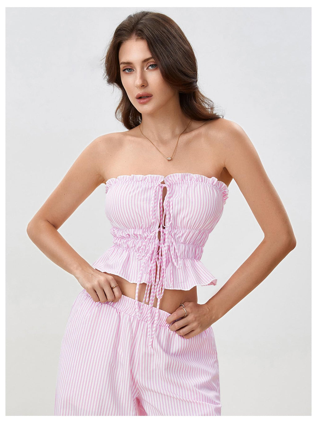 WDIRARA Women's Striped 2 Piece Pants Set Strapless Tie Bandeau Wide Leg Pants Outfits Pink White X-Small