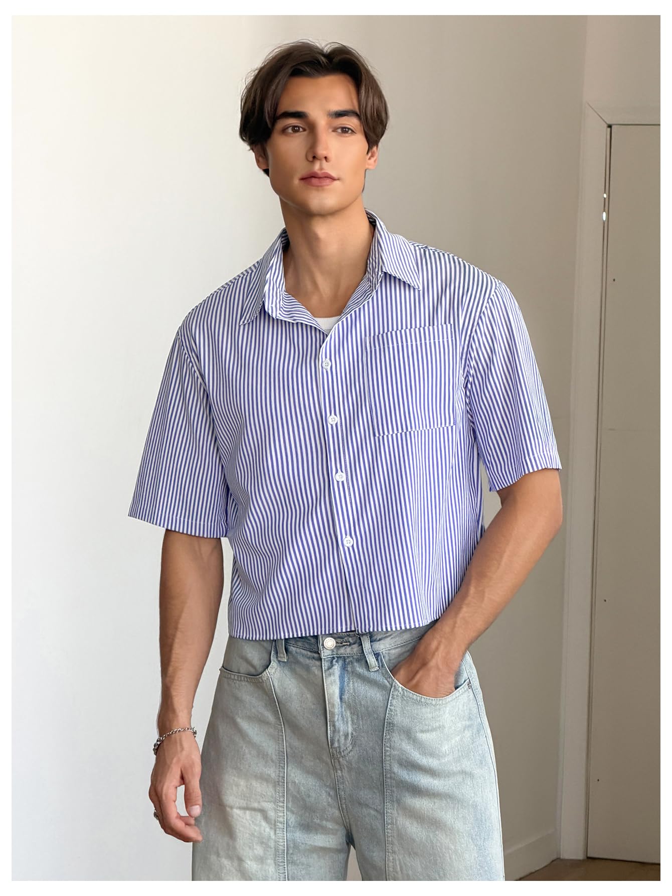 GORGLITTER Men's Striped Cropped T Shirt Button Down Up Y2k Short Sleeve Collar Oversized Tops Blue Small