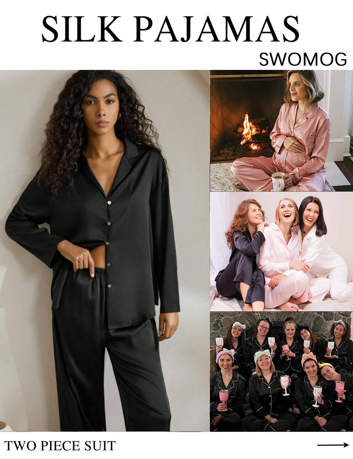SWOMOG Long Sleeve Pajamas Set Silk Satin Sleepwear Button Down Pjs Loungewear with Pocket Black X-Large