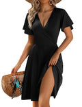 Zeagoo Zeago Dresses for Women Sundress Summer Black Dresses Wrap V Neck Beach Hawaiian Ruffle Short Sleeve Midi Dress with Pockets