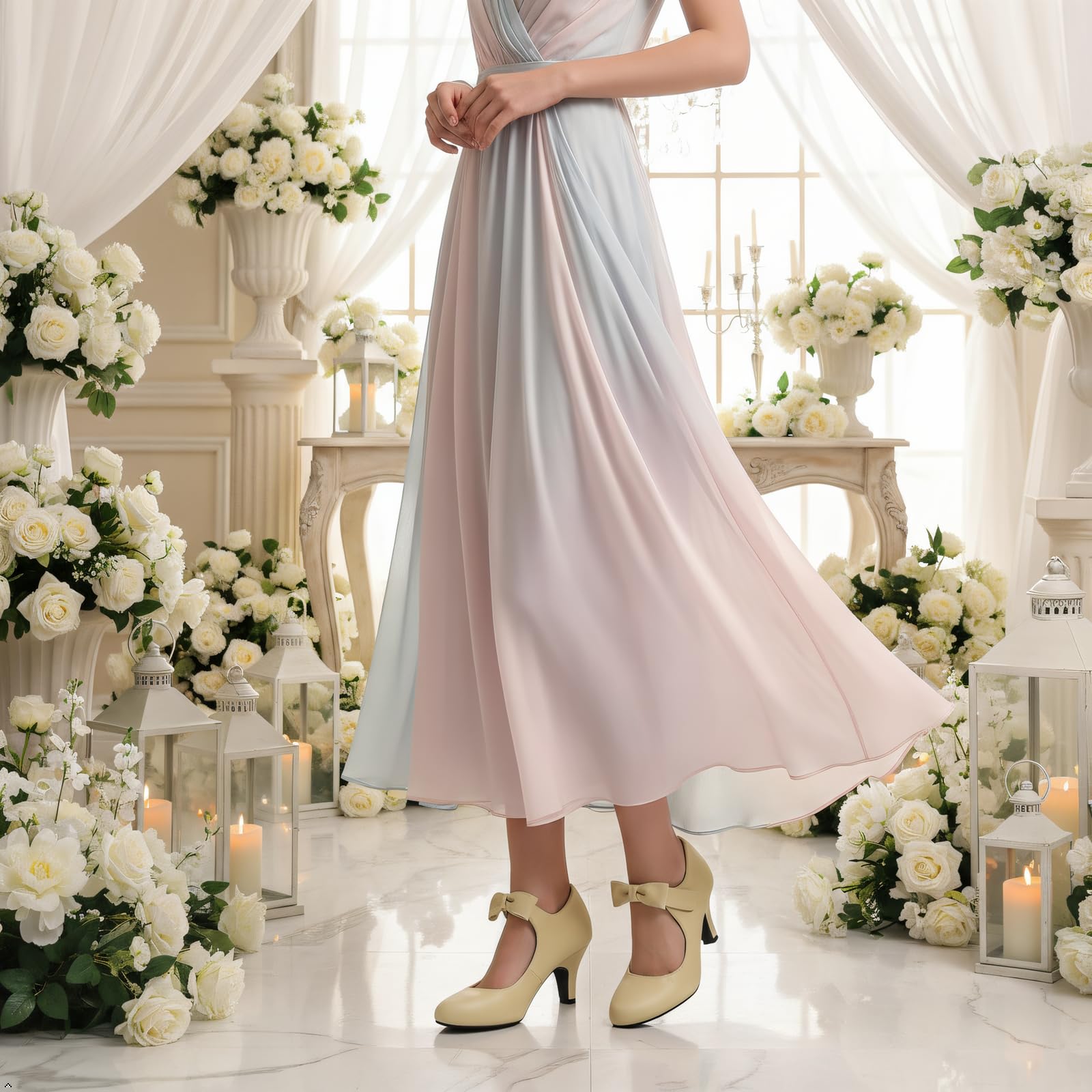 LIURUIJIA Women's Mary Jane Bow Kitten Heel Silk Pumps Round Toe Low Heel Dress Shoes for Wedding, Bridal, Party Champagne Size 8.5