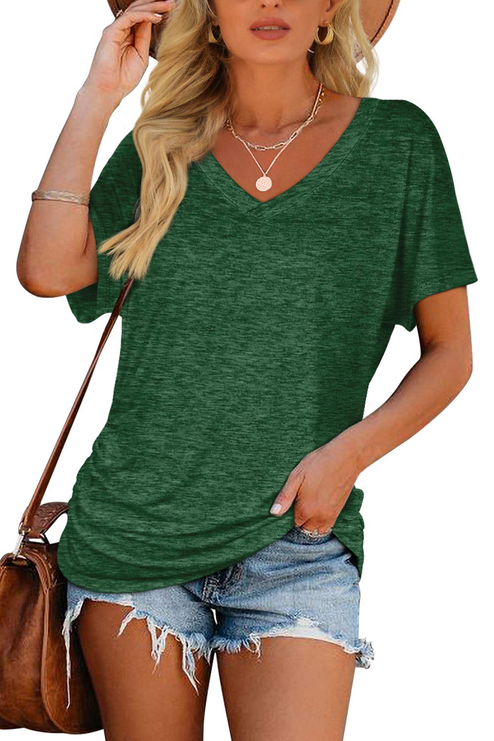 WIHOLL V Neck T Shirts for Women Summer Short Sleeve Dolman Tops Loose Fitting Oversized Plus Size Spring Clothes Vacation Outfits Green 2XL