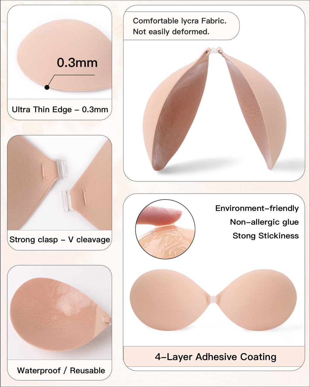 MITALOO Seamless Adhesive Bra Sticky Strapless Invisible Push up Bras Silicone Backless Nipple Cover for Women Beige Black