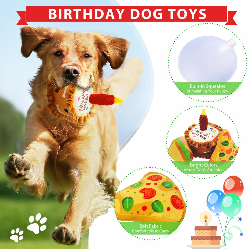 CneeeeeB Birthday Dog Toys Crinkle Dog Toy Squeak Cake Toy Aggressive chew Toys for Puppy Sandwiches Pizza Party Dog Toy Interactive Birthday Toy with 3 Pack for Dog Birthday