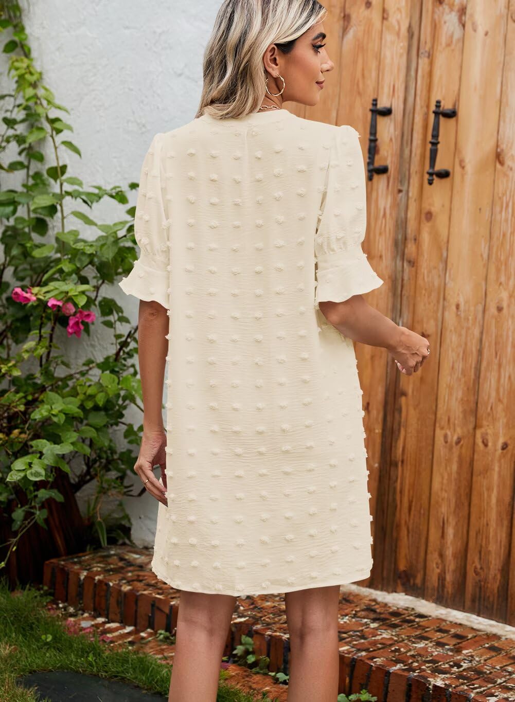 QACOHU Women's 2026 Spring Summer Casual Dress Short Sleeve V-Neck Midi Dress Ruffle Spring Summer Chiffon Dress Beige L
