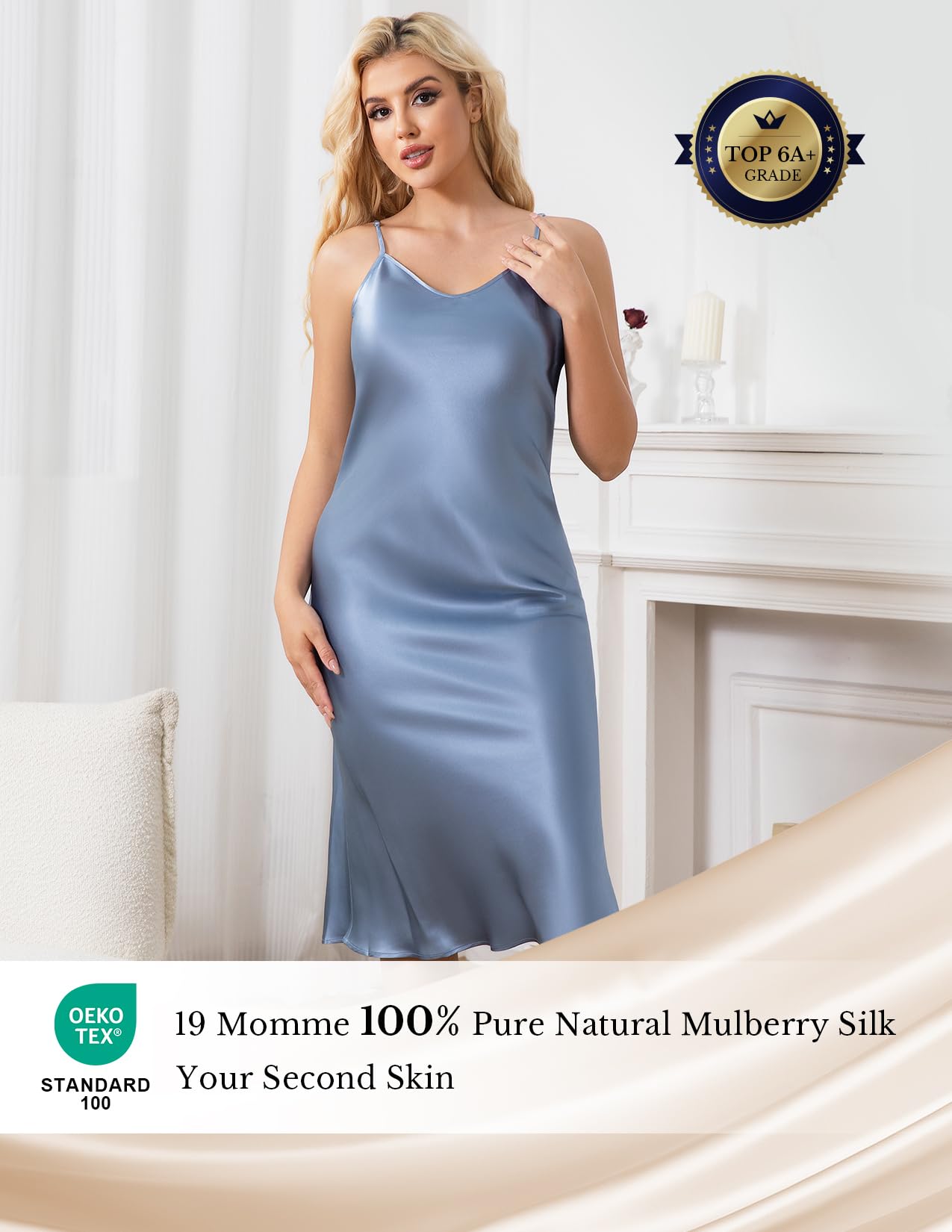 THXSILK Silk Long Nightgowns for Women, Pure Mulberry Silk Charmeuse Nightdress, Lingerie Adjustable Strap