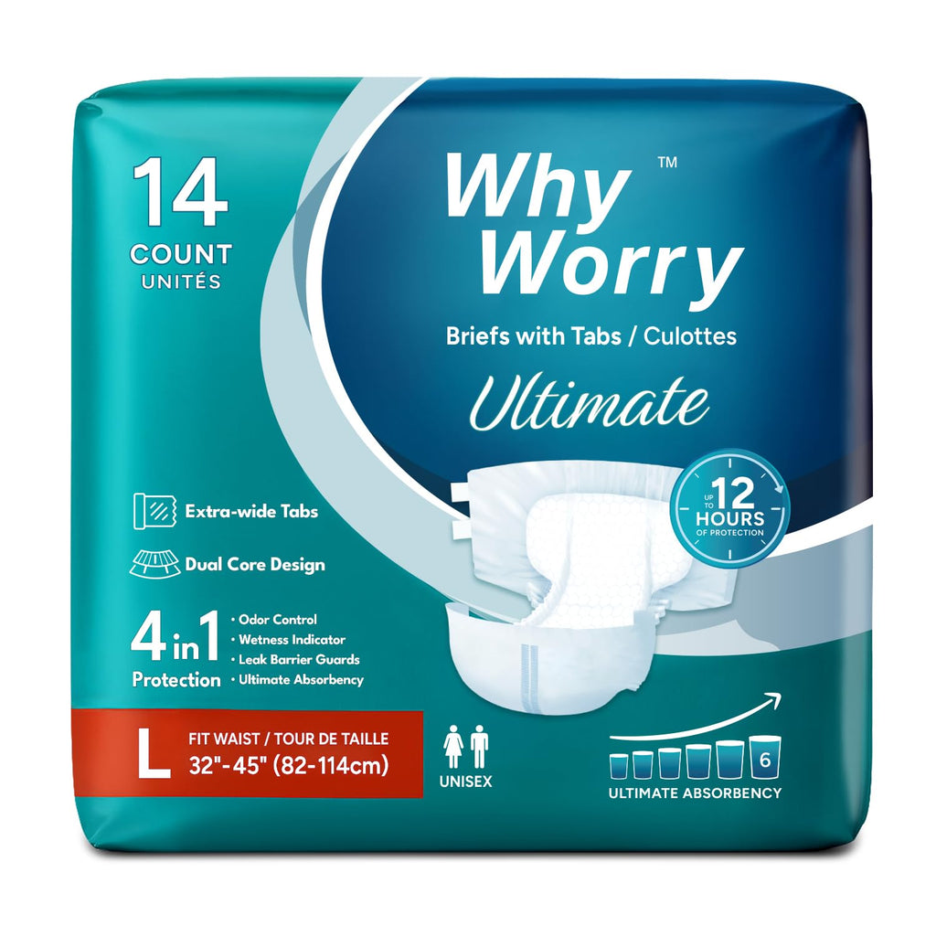 WhyWorry Ultimate Adult Nappies for Men & Women, Disposable Adult Diapers for Incontinence with Ultimate Absorbency, Incontinence Slip for Overnight Protection, Unisex, Odor Control, Large, 14 Count