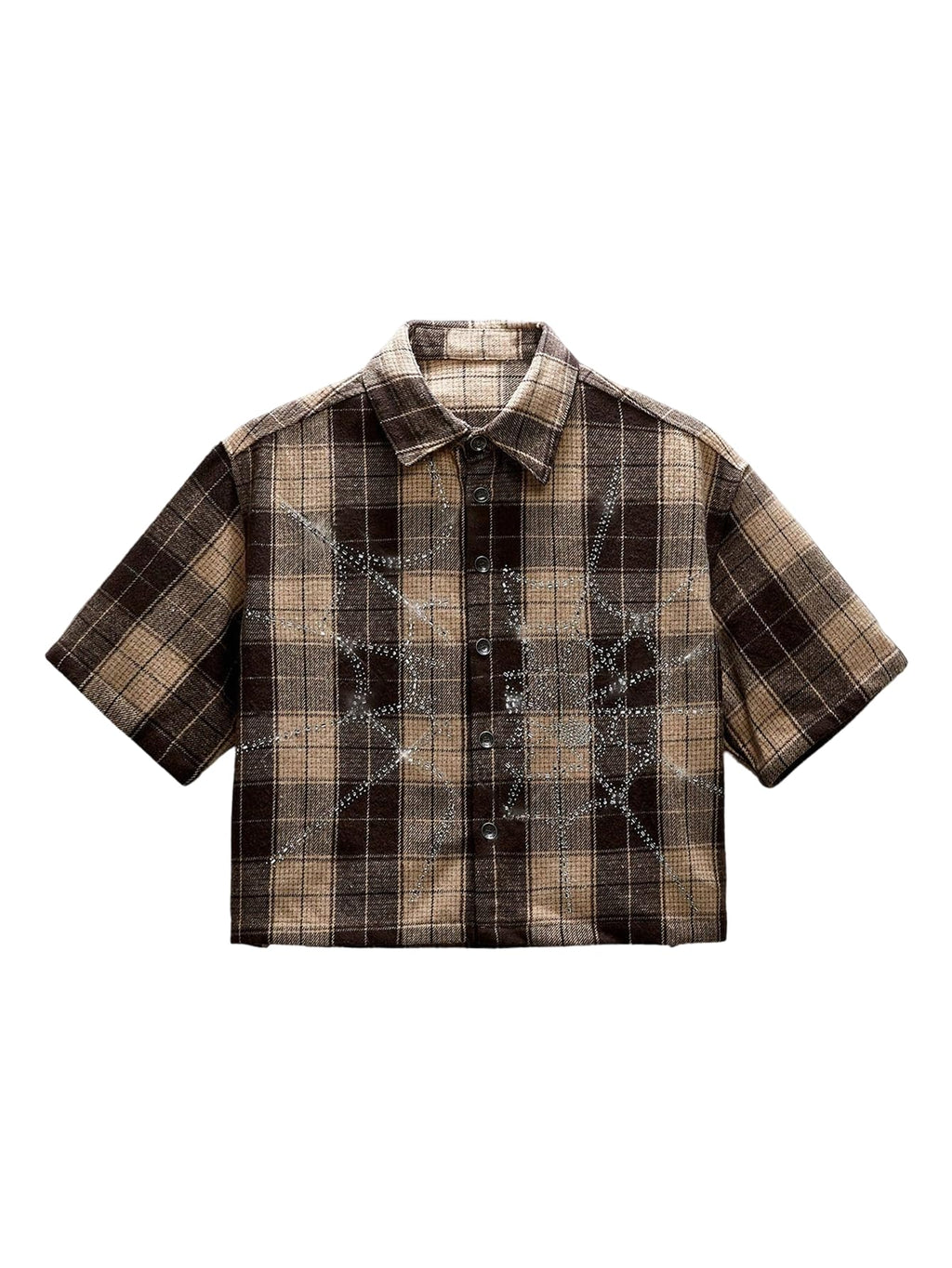 GORGLITTER Men's Gingham Cropped Shirt Button Up Y2K Rhinestone Short Sleeve Boxy Collared Plaid Streetwear Crop Tops Coffee Brown Small