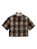GORGLITTER Men's Gingham Cropped Shirt Button Up Y2K Rhinestone Short Sleeve Boxy Collared Plaid Streetwear Crop Tops Coffee Brown Small