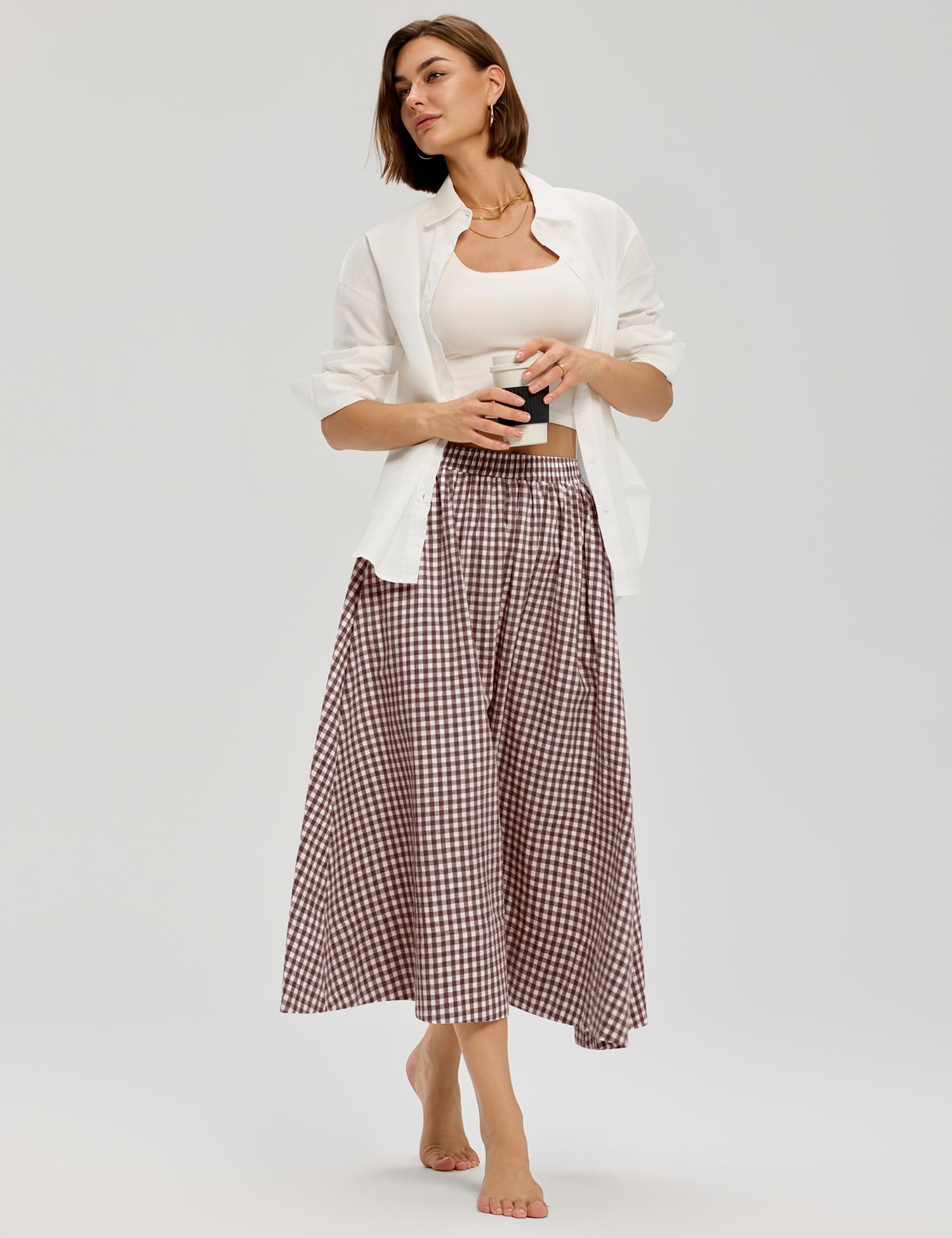 LOMON Midi Skirts for Women A-Line Cotton Flowy Summer Skirt with Pockets Elastic High Waist Boho Beach Vacation Casual Maxi Skirt (Coffee Plaid, M)