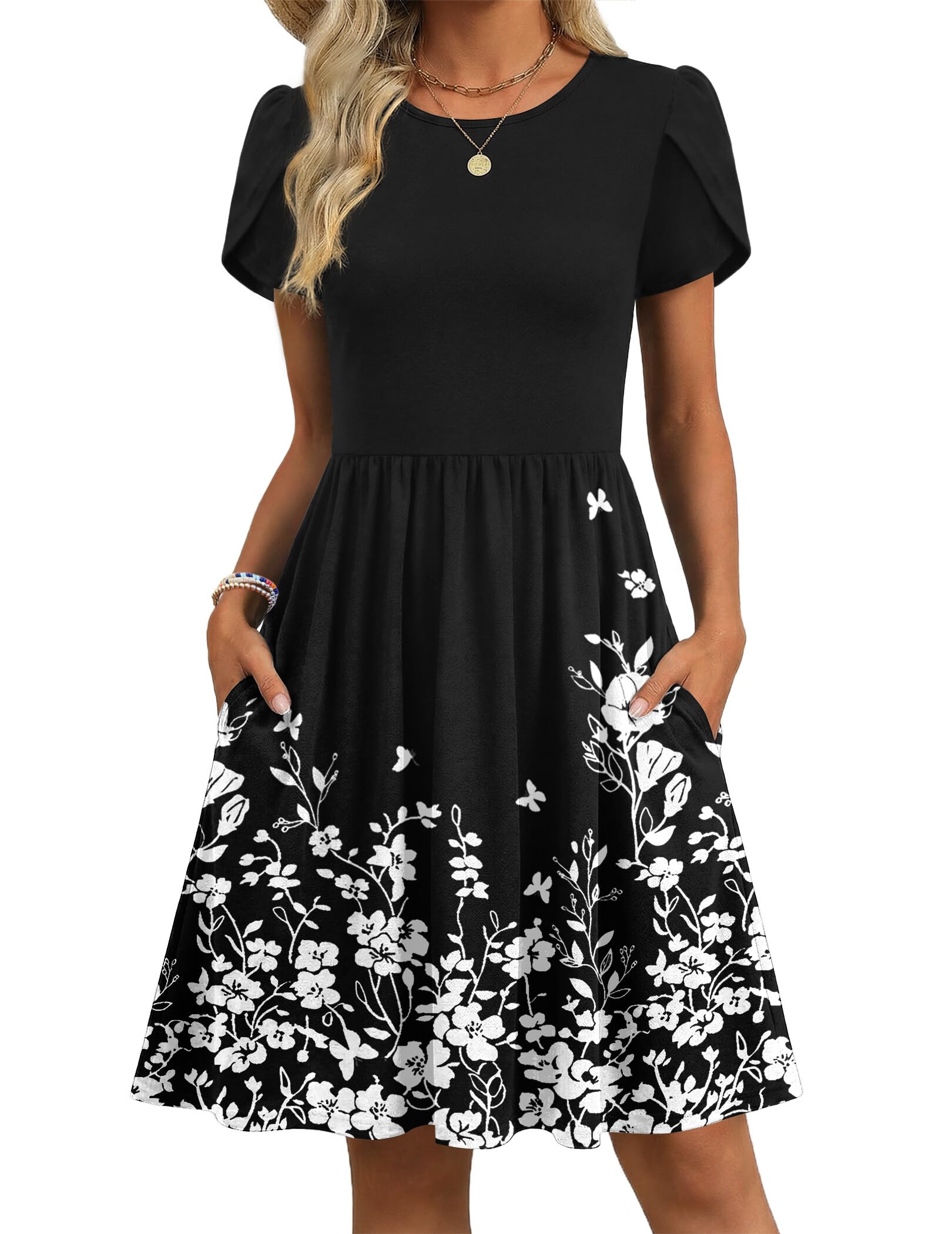 Zeagoo Flowy Summer Dresses for Women Short Sleeve Casual Floral Print 2026 A-Line Beach Mini Dress with Pockets Hawaiian Tropical Vacation