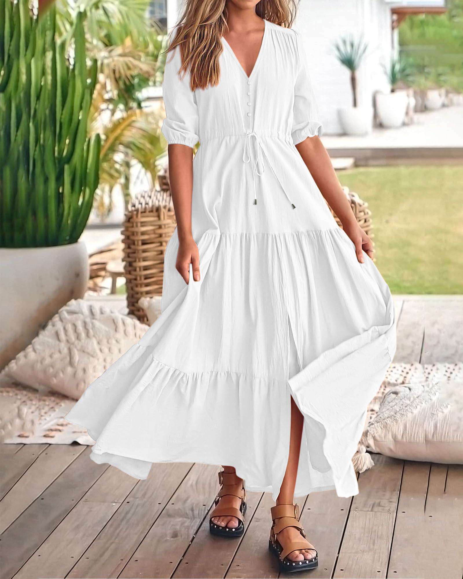 BTFBM Formal Wedding Guest Dresses for Women Summer Dresses Short Sleeve V Neck Maxi Dresses (Solid Beige White,XX-Large)