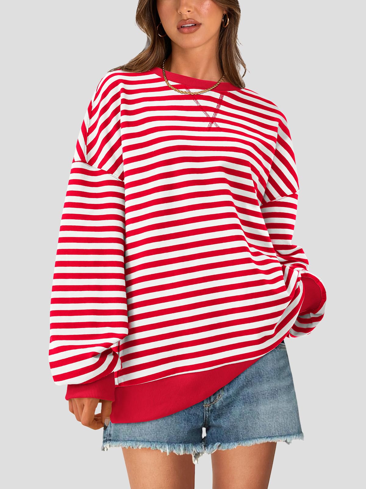 PRETTYGARDEN Women Striped Oversized Sweatshirt Color Block Crew Neck Long Sleeve Casual Pullover Top Spring Y2K Clothes (Red White, Small)