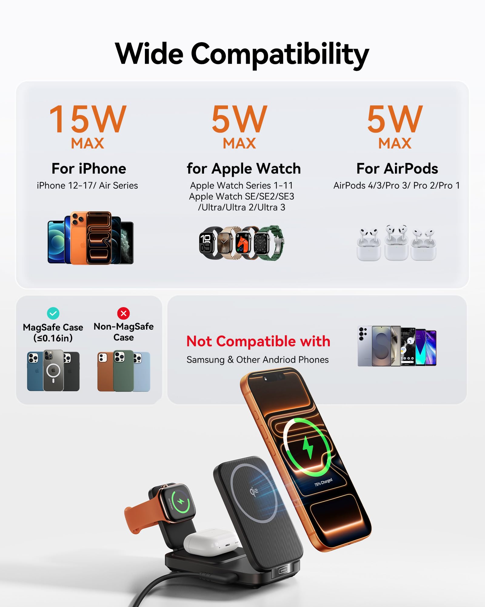INIU 3 in 1 Foldable Wireless Charging Station, Original Qi2 Certified 15W Fast Mag-Safe Charger Stand for iPhone 17 16 15 14 13 12, Apple Watch, AirPods, Ideal for Travel Office Desk Accessories