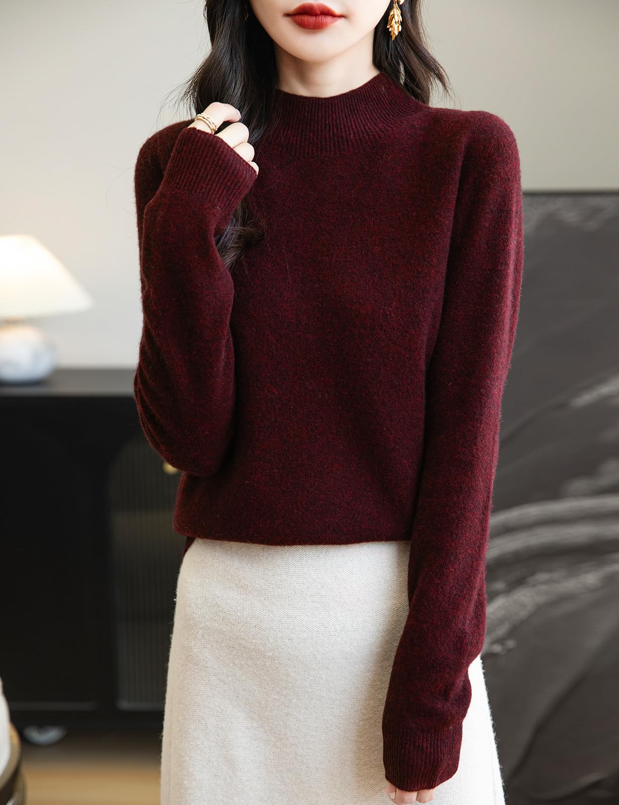 Chanyarn Women's Cashmere Long Sleeve Sweater Mockneck 2025 Fall Winter Seamless Knit Turtleneck Pullover Warm Soft 100% Merino Wool Sweater (Dark Red,L)