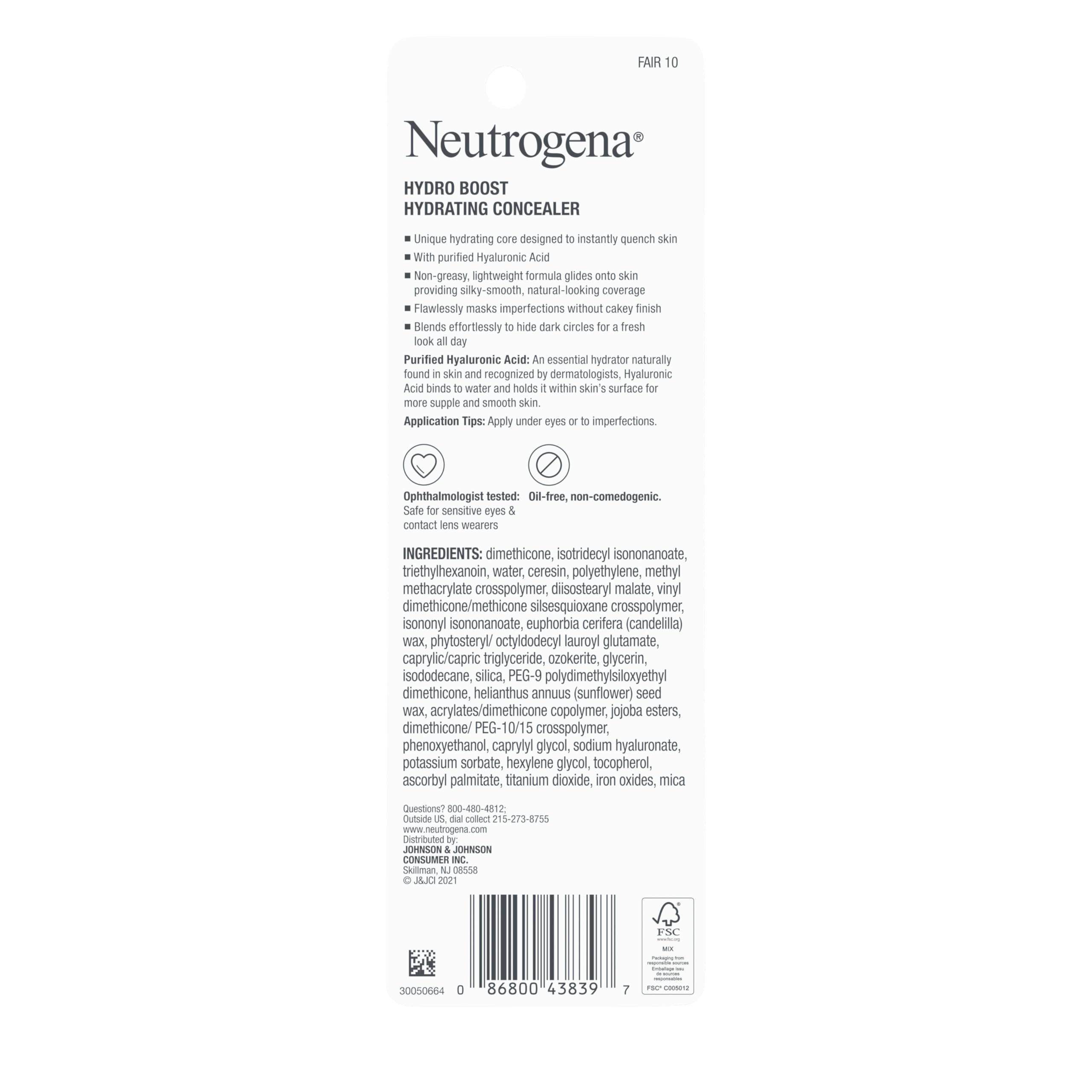 Neutrogena Hydro Boost Hydrating Concealer Stick, Oil-Free, Lightweight Cover-Up Makeup with Hyaluronic Acid Refreshes Dry Skin & Provides Buildable Coverage, 10 Fair, 0.12 Oz
