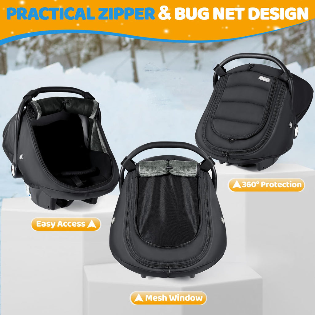 IvyWind Baby Car Seat Cover, Universal Winter Carseat Cover for Babies with Breathable Mesh Window, Cozy and Warm Infant Car Seat Covers for Cold Weather, Kick-Proof Carseat Canopy for Boy Girl, Black