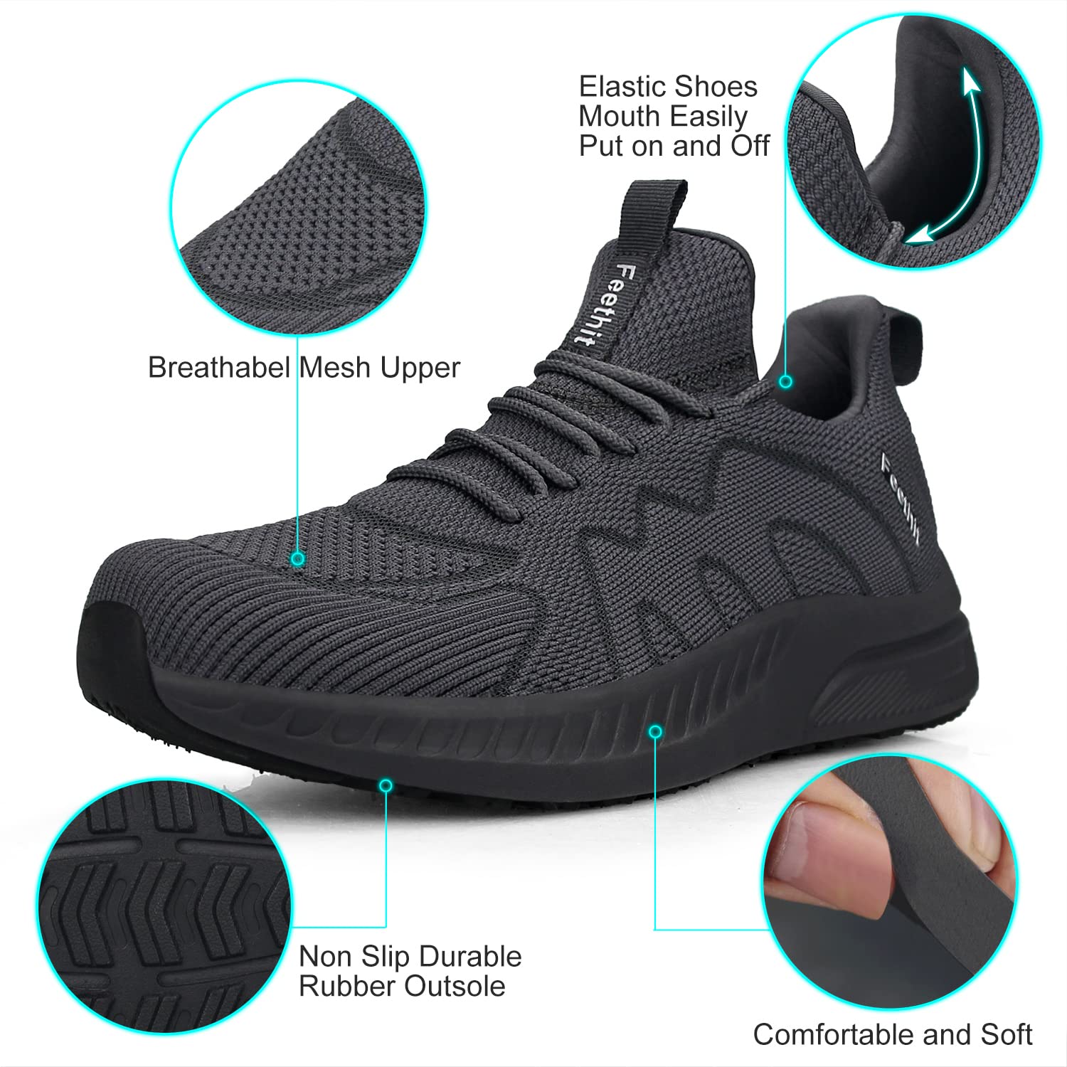 Feethit Mens Non Slip Running Shoes Lightweight Breathable Slip on Walking Tennis Shoes Casual Comfortable Sneakers Dark Gray 8