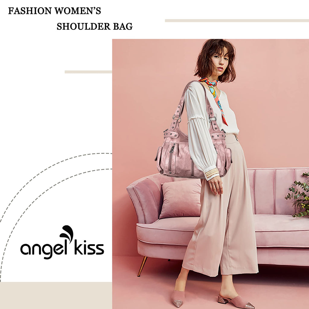 Angel Kiss Large Purses and Handbags for Women Washed Faux Leather Crossbody Hobo Satchel Shoulder Handbag Tote Purse-1Pink