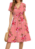 WEACZZY Womens Summer Short Dress Midi Dress Empire Waist Dresses for Women Flowy Dress Floral Sundress with Pockets,Floral Pink,M