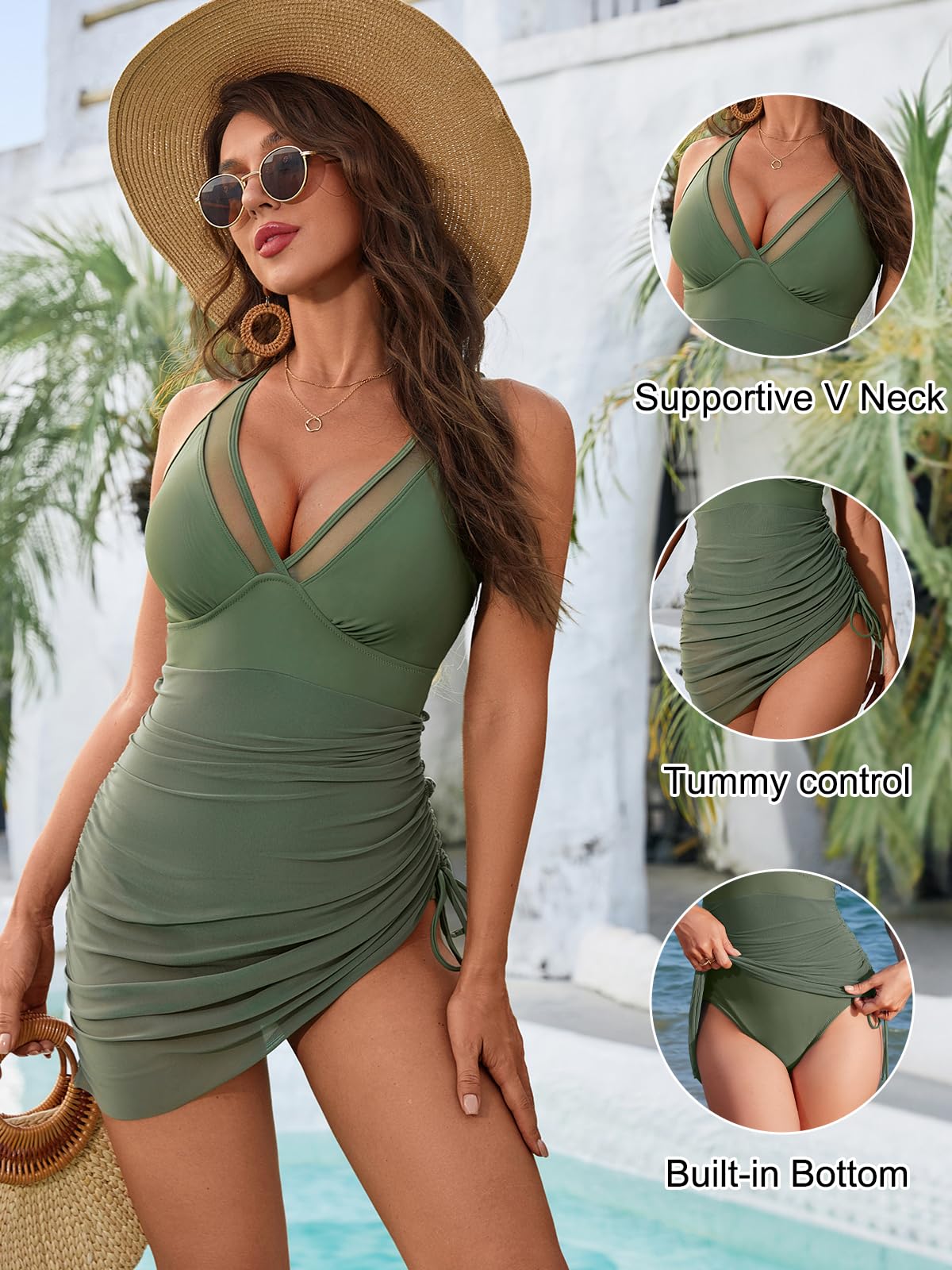 Blooming Jelly Women One Piece Swimsuits Tummy Control Swim Dress Slimming Modest V Neck Swim Suits (L, Army Green)